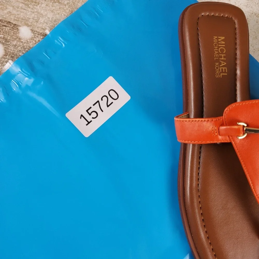 Michael Kors Lena Womens T-Strap Sandal Sz 6.5 M Orange Leather Slip On Open Toe